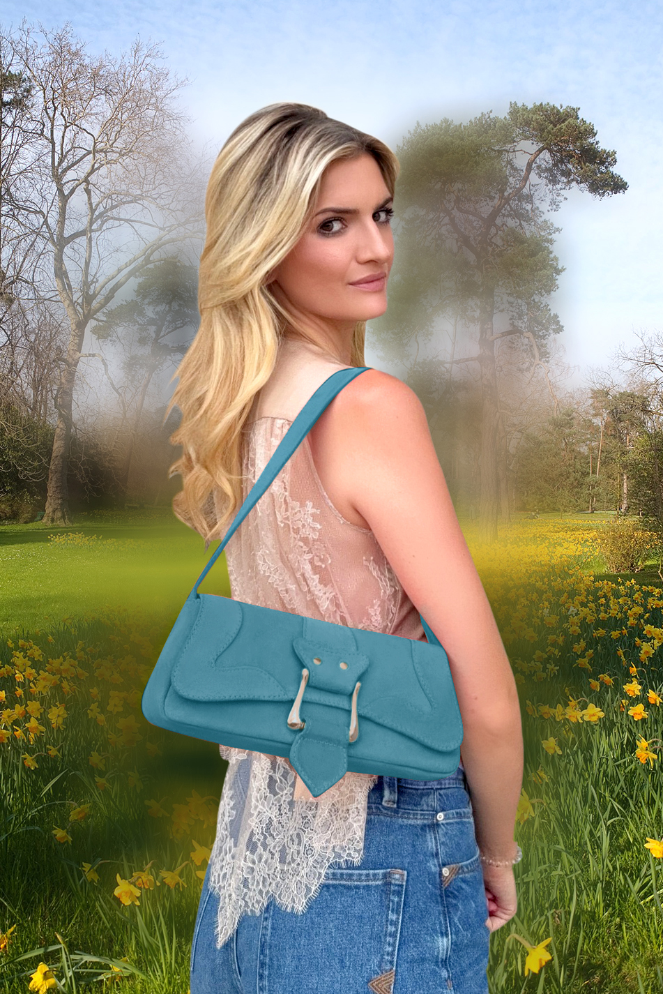 Small dressy baguette bag in peacock blue leather - Top view